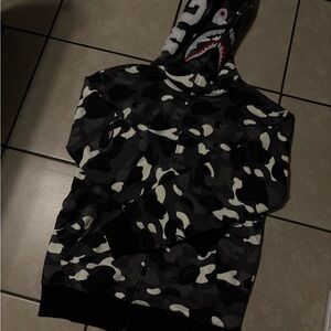 Bape Black and Gray Camo Shark Hoodie Size L